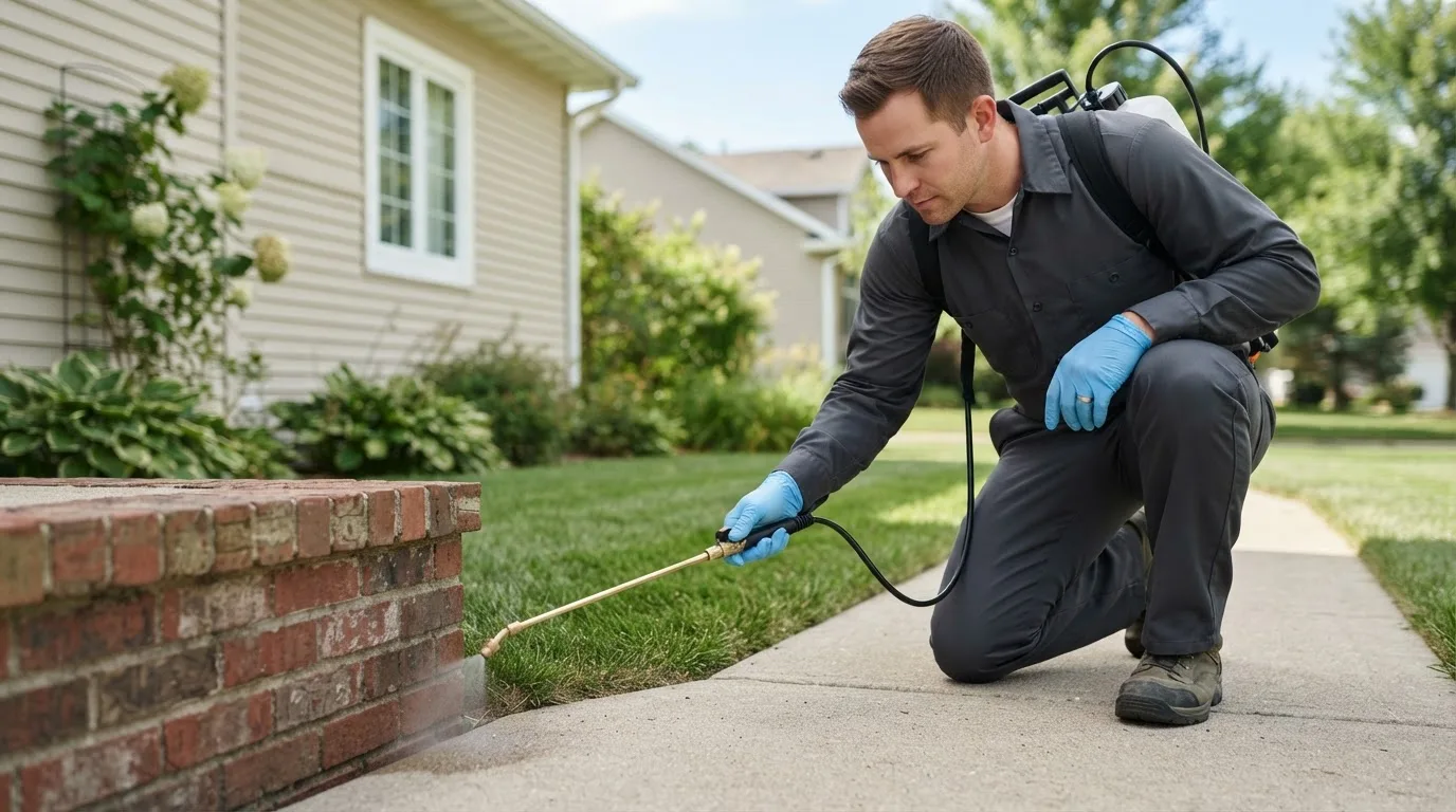Pest control technician treating a home near Fulda, MN