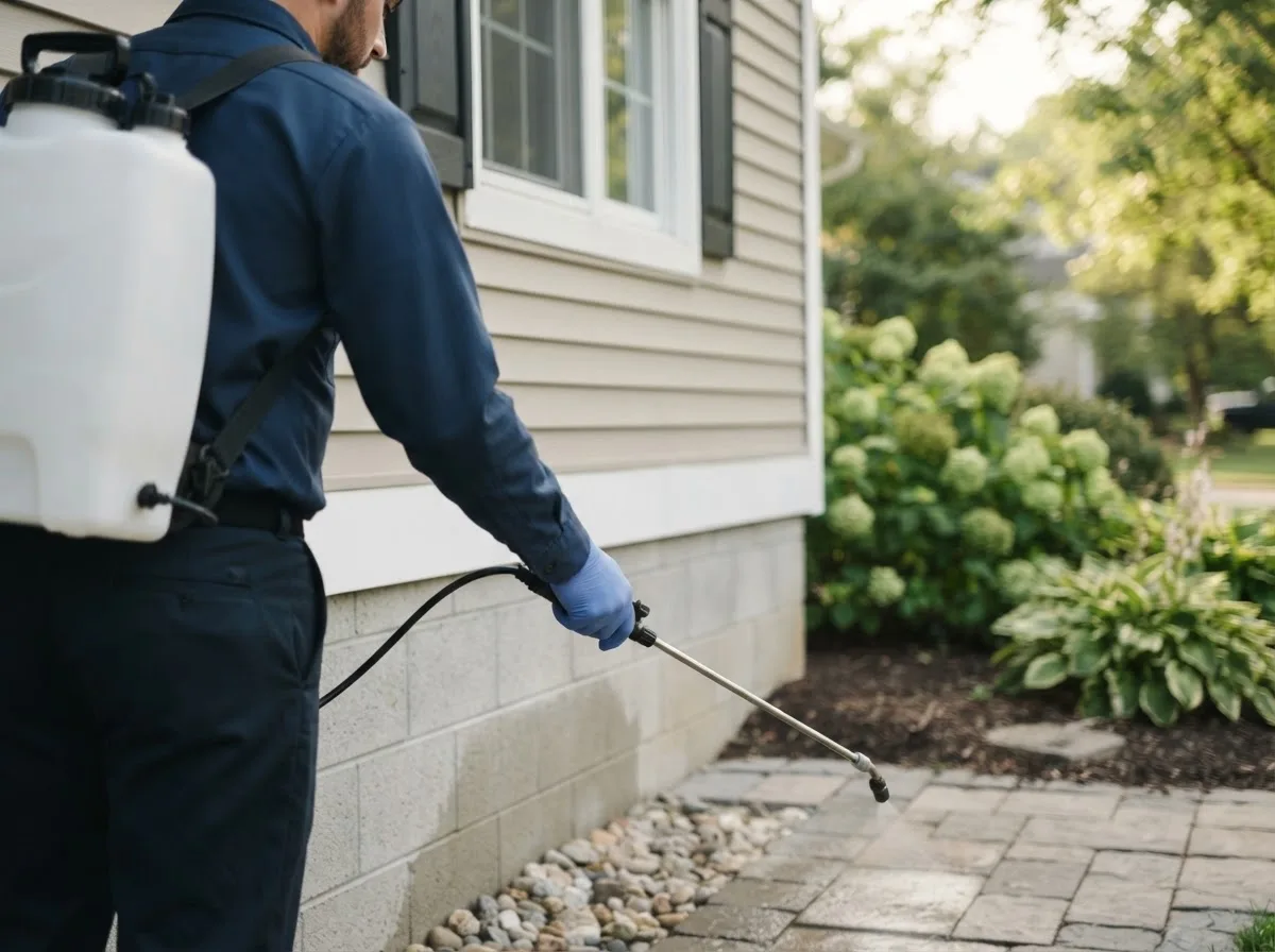 Pest control technician inspecting a home in Fulda, MN